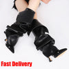 GIGIFOX Knee High Fold Over Boots For Women Stiletto High Heels Pointed Toe Back Zipper Shoes Adjustable Buckle Mid-calf Boots