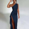 Summer Sexy One Shoulder Satin Long Dress for Women Sleeveless Backless High Split Party Evening Dresses Elegant Cocktail Dress