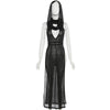 OMSJ Women Gothic 2024 Black Hooded Knitted High Split Long Dress Hollow Sexy See-through Straight Dress Festival Rave Club Wear