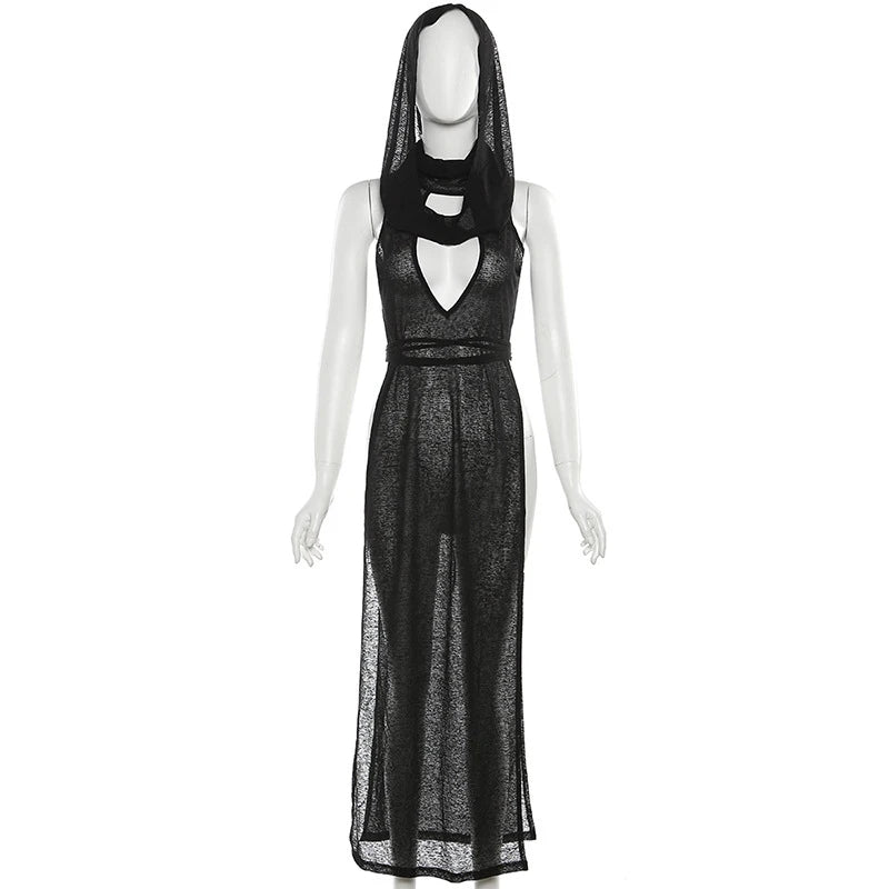 OMSJ Women Gothic 2024 Black Hooded Knitted High Split Long Dress Hollow Sexy See-through Straight Dress Festival Rave Club Wear