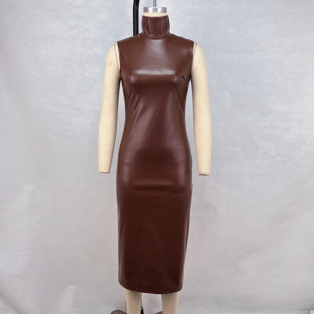 New Fashionable Solid Color Dark Brown High Neck PU Leather Sleeveless Waist Bag Hip Slit Dress For Women