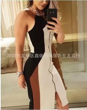 Women's Dress 2024 Elegant Commuting Sleeveless Contrast Colored Panel Zipper Sexy High Waisted Mid Length Dress