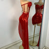 Sparkly Red Diamonds Asymmetrical Two Pieces Dress Design 2025 Women Sexy Strapless Top Skirt Suits Dance Performance Outfit