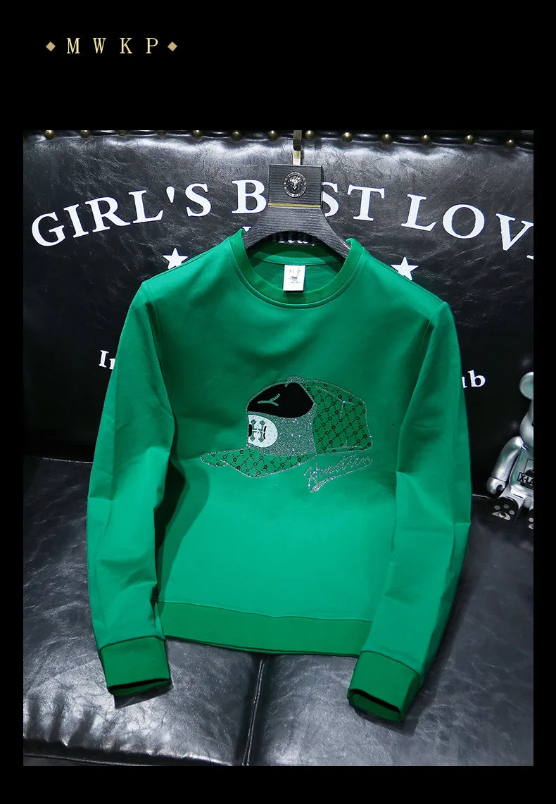 Round Collar Men's Pullover New Male Hoodies Personalized Hat Hot Diamond Print Fashionable Top Youth Bottoming Shirt Clothing