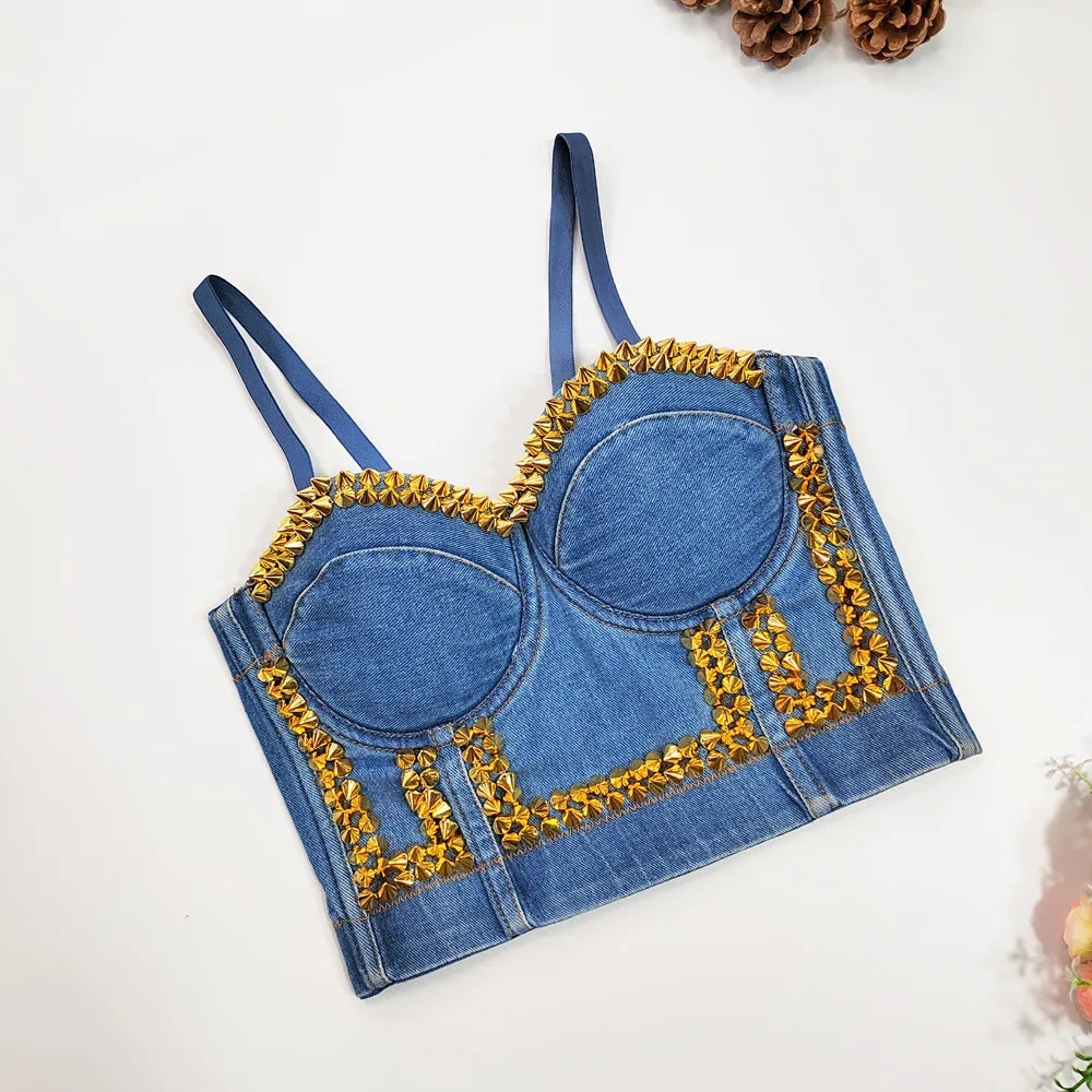 Irene Tinnie Sexy Cute Hole Cartoon Decoration Push Up Bustier Women's Denim Bralette Cropped Top Vest Plus Size
