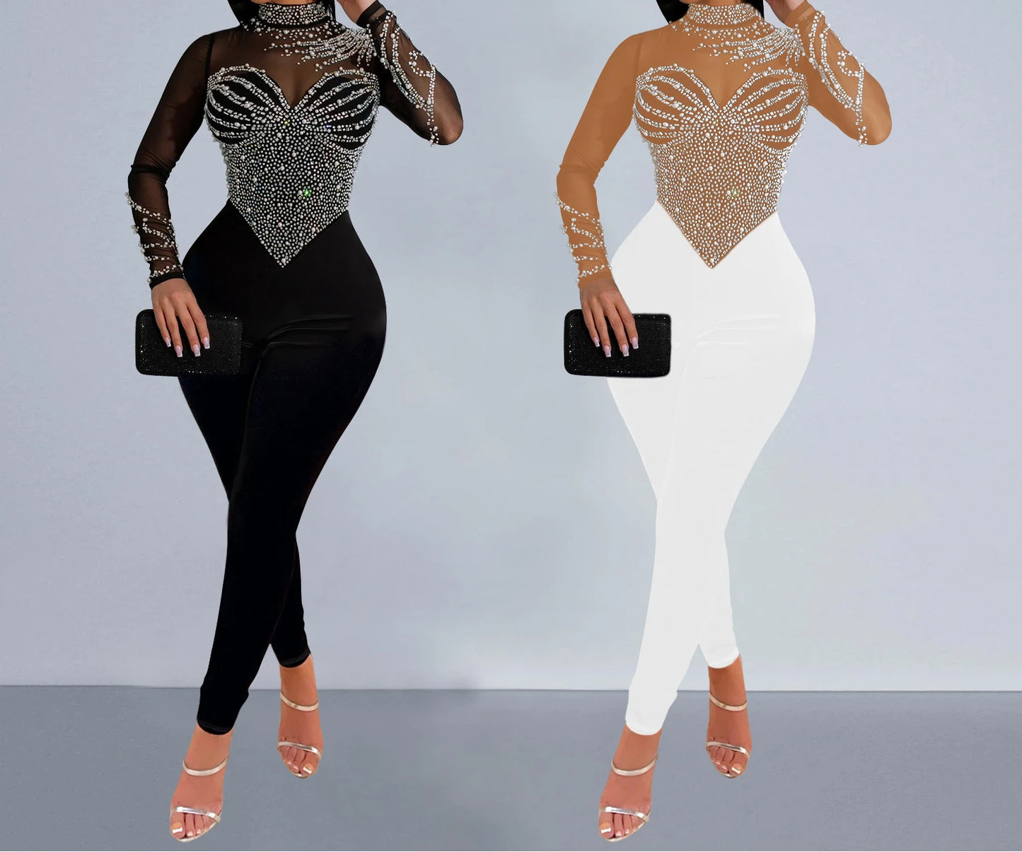 Elegant Women Jumpsuit Streetwear 2024 Spring Fashion Versatile Casual Solid Color Hot Diamond Long Sleeve Jump Suits for Female