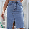 Women's Front Slit Blue Denim Skirt Pockets High Waist Slim Zipper Fly Midi Skirts 2023 Spring Female Casual Streetwear