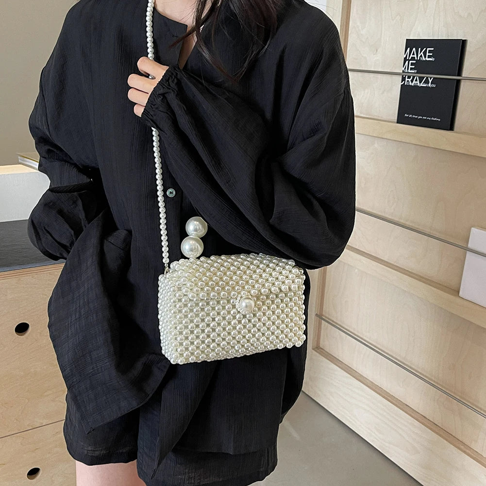 2024 Newest Handmade Pearl Knitting Evening Handbag Luxury Women's Snall Crossbody Bag High-end Hand-Woven Elegant Clutch Purses
