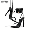 Eilyken CRYSTAL Diamond Thin High Heels Women Sandals Sexy Ankle Cross Strap Lace-Up Square Toe Party Dress Female Shoes