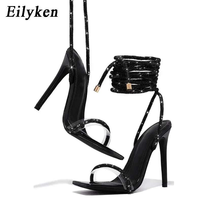 Eilyken CRYSTAL Diamond Thin High Heels Women Sandals Sexy Ankle Cross Strap Lace-Up Square Toe Party Dress Female Shoes