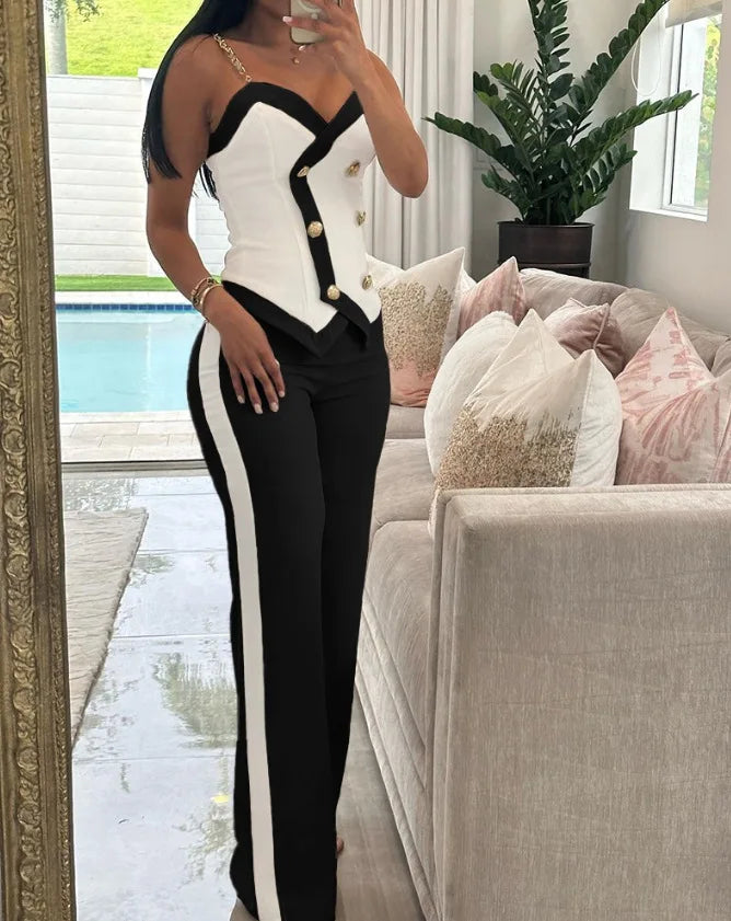 Spring Summer Sleeveless Suit Fashion Print Two Piece Sets Women Sexy V-neck Button Metal Sling Top & Wide Leg Pants Outfits