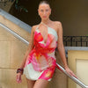 TARUXY One-shoulder Sexy Printed Dress Draped Swinging Collar Beach Vacation Mini Dress Elegant Sleeveless Female High Waist