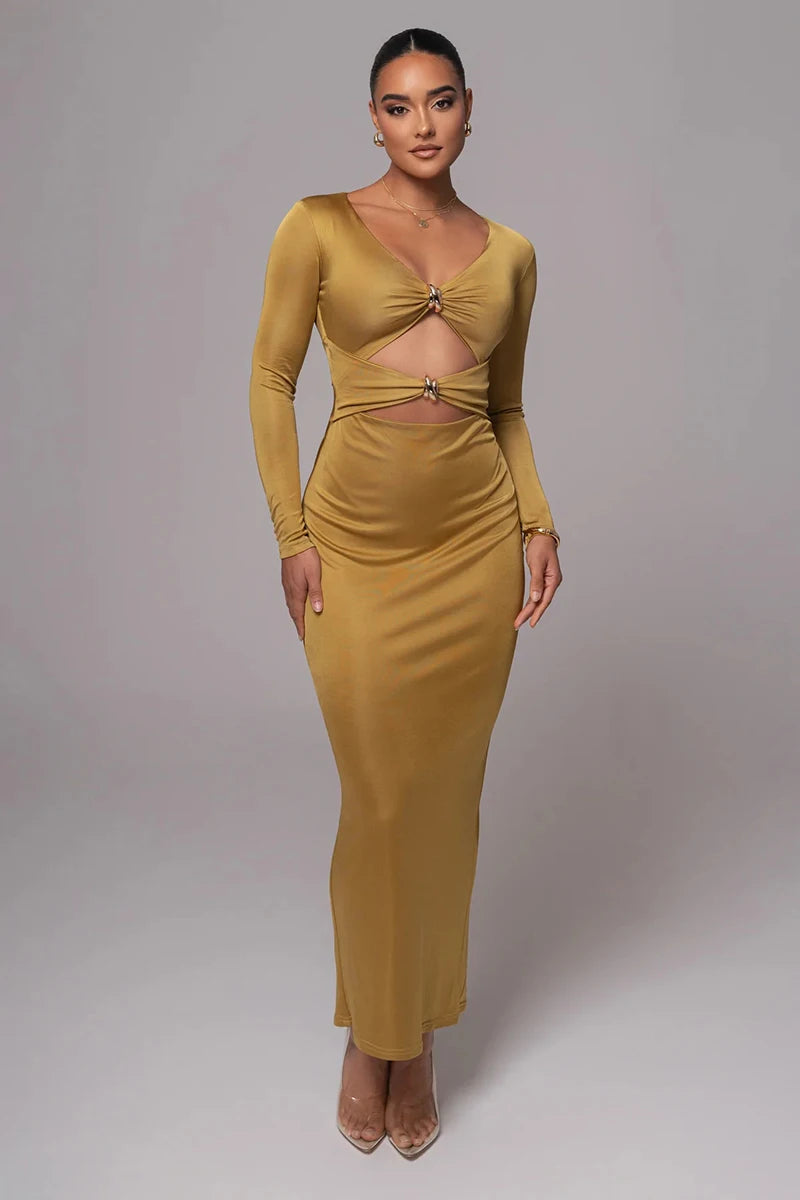 Mozision hollow out long sleeve sexy maxi dress for women fashion solid V neck back split bodycon club long dress elegant