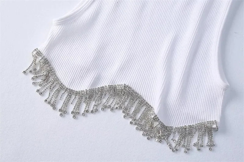 High Street Sexy Hem Tassel Diamond Beading Knitting T Shirt Chic Short Camis Tank Lady Slim Crop Vest Tops