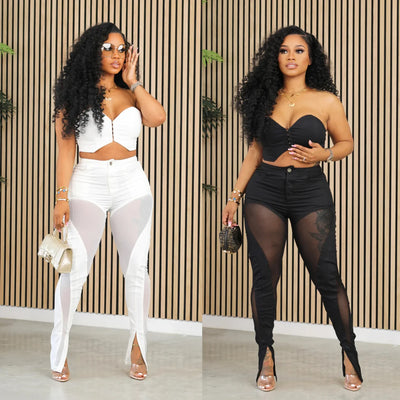 Fashion Women's Set Tunic Crop Top and Flare Slit Hem Mesh Patchwork Pants 2024 Street Two 2 Piece Sets Outfit Tracksuit