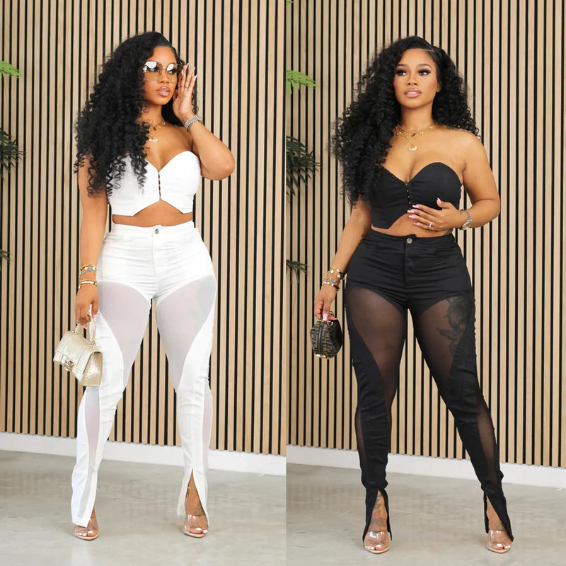Fashion Women's Set Tunic Crop Top and Flare Slit Hem Mesh Patchwork Pants 2024 Street Two 2 Piece Sets Outfit Tracksuit