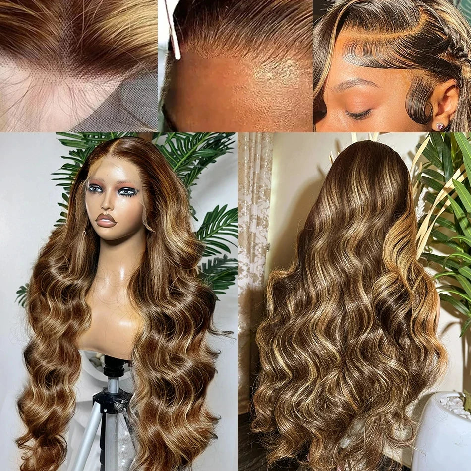 high density Ombre brown Highlight 30 32 40 inch13x6 Hd Lace Frontal Wig Blonde 5x5 closure Body Wave 13x4 Front Human Hair Wigs