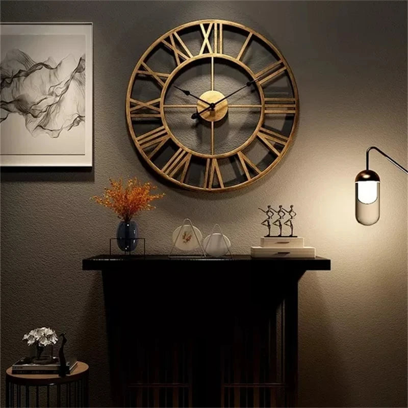 Moderne 3D große Wanduhr Römische Ziffern Retro Runde Metall Eisen Genaue Leise Nordische Hängende Dekoration Wohnzimmerdekoration