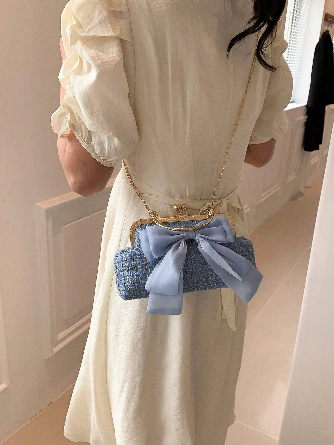 Glittering Chain Plaid Pattern Evening Bag For Women Bow Decor Shoulder Bag, Fashionable Elegant Clutch, Women‘s Crossbody Bag