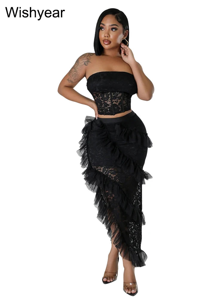 Sexy Two 2 Piece Sets Night Club Outfits for Women White Lace See Through Sleeveless Strapless Top and Ruffles Long Skirts Suit