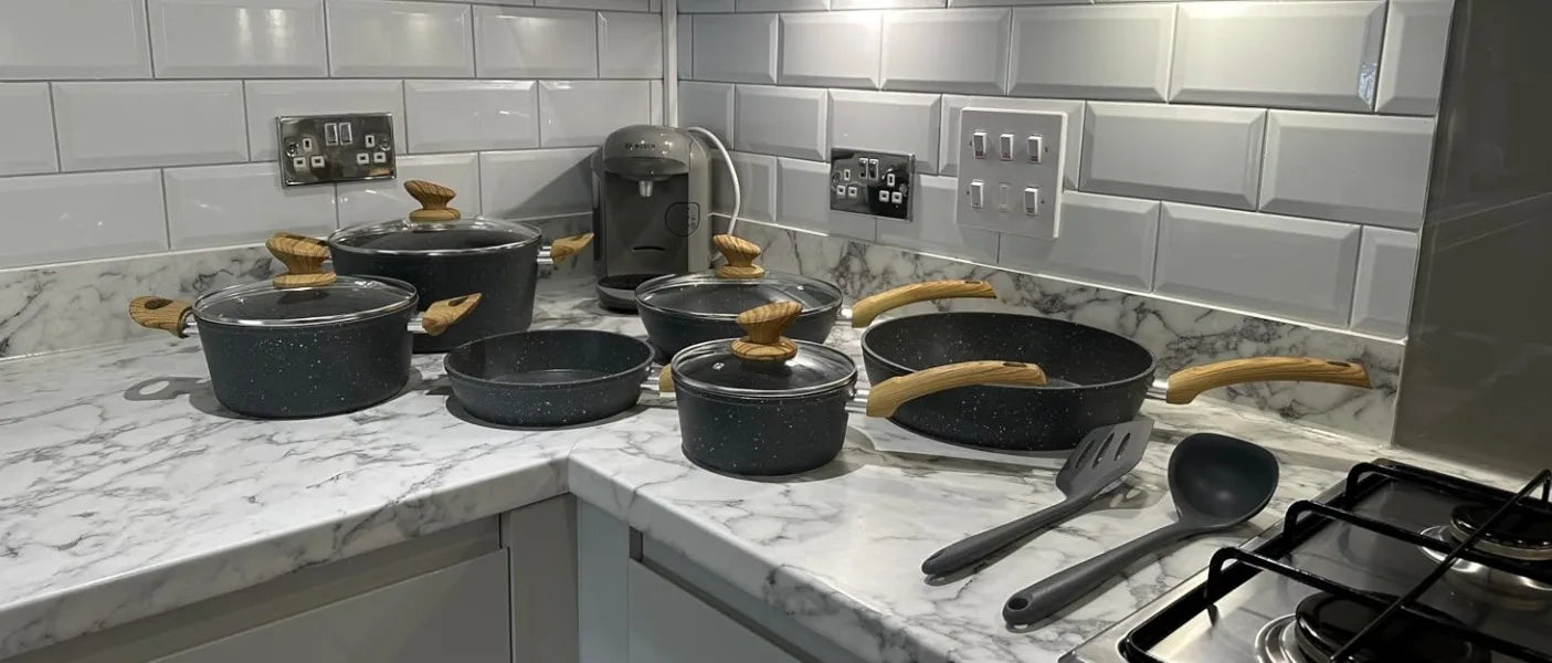 Induction Cookware Set-17 Piece Non-stick Cooking Pan Set, Granite Pots and Pans Set