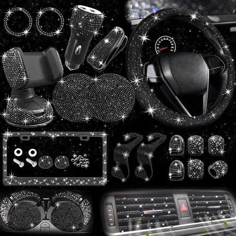 Car Accessories Set 27/4Piece Women Bling Universal Fit Polyester Steering Cover Shiny License Frame Phone Holder Coasters Tools