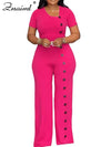 Znaiml Women Elegant Long Jumpsuits for Party Summer Short Sleeve Buttons Solid Color Wide Leg Pants Rompers One Pieces Overalls