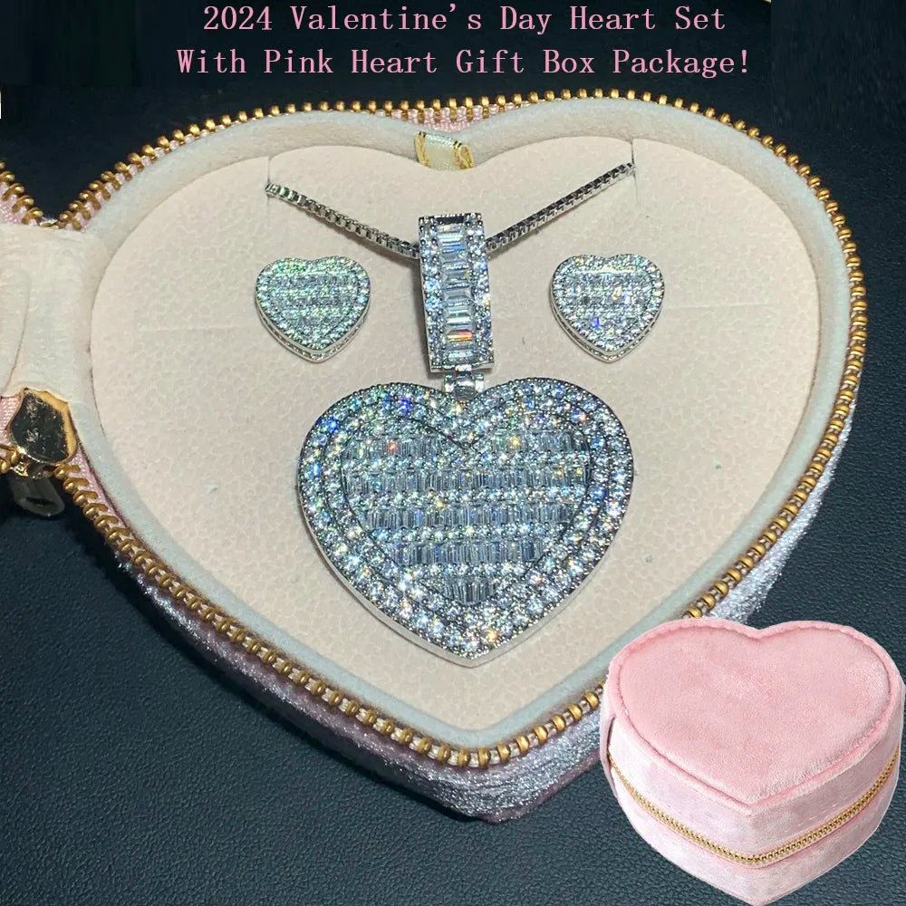 In Stock Iced Out Bling Women Jewelry 5A White Cubic Zirconia Heart Shaped Pendant Necklace With Tennis Box Chain