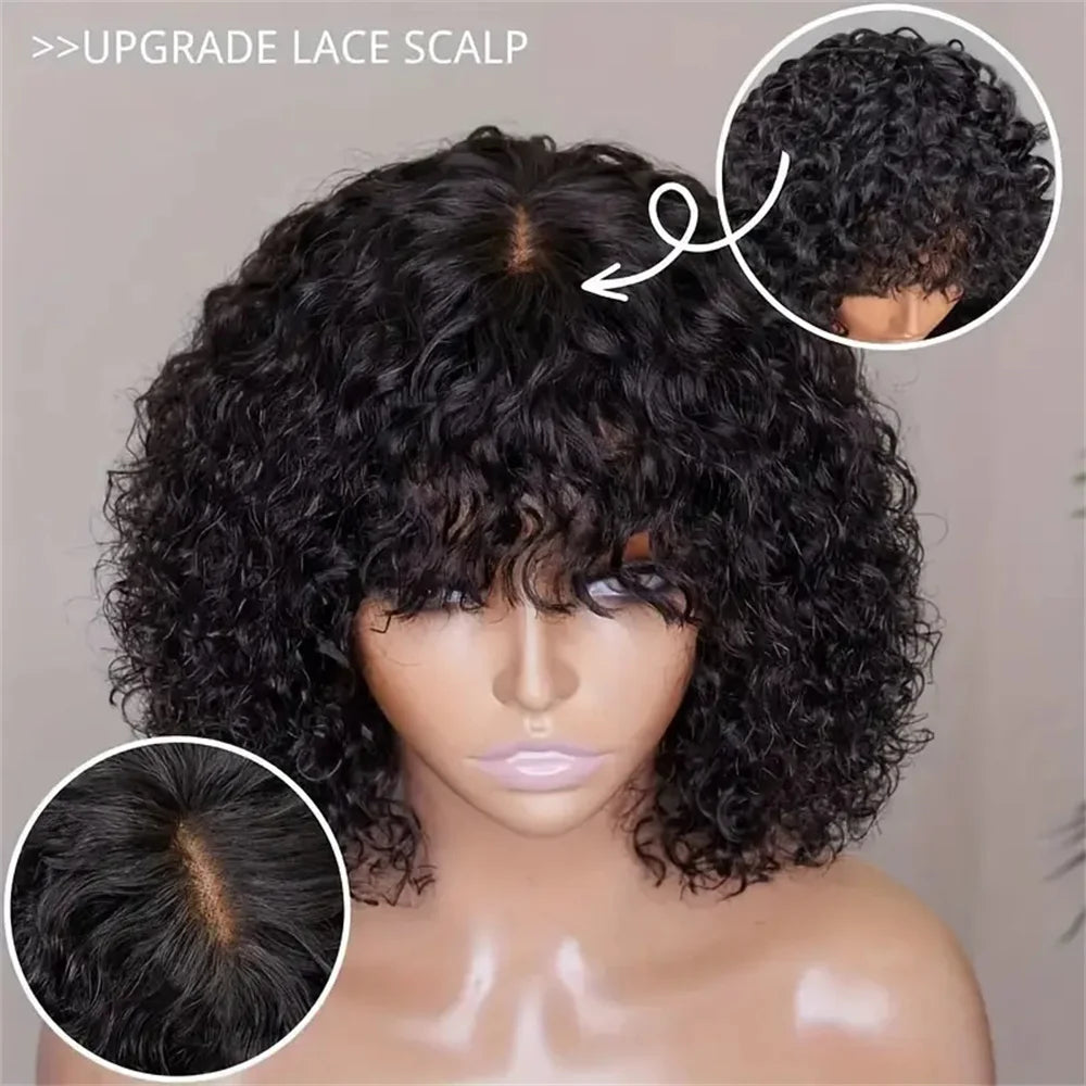 2x1 Curly Short Bob Wig Human Hair With Bangs Lace Glueless Curly Bob Wigs Human Hair Wig Natural Color For Women 180% Density