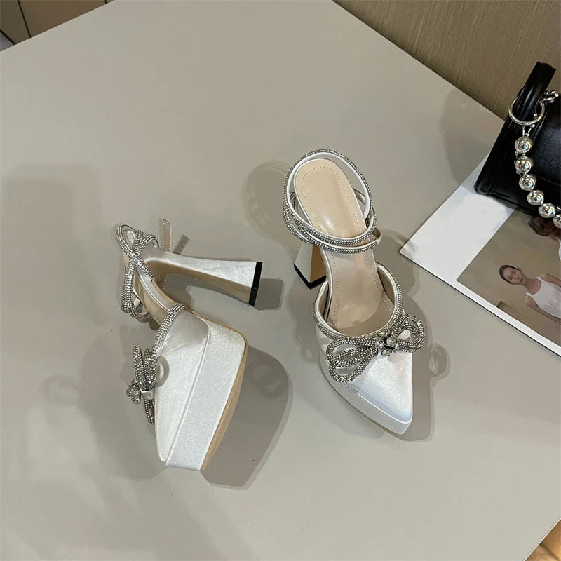 Hlieny 2025 Spring Autumn Women Pumps Fashion Platform Pointed Toe Butterfly-Knot Crystal Party Shoes Ankle Buckle Strap Sandals