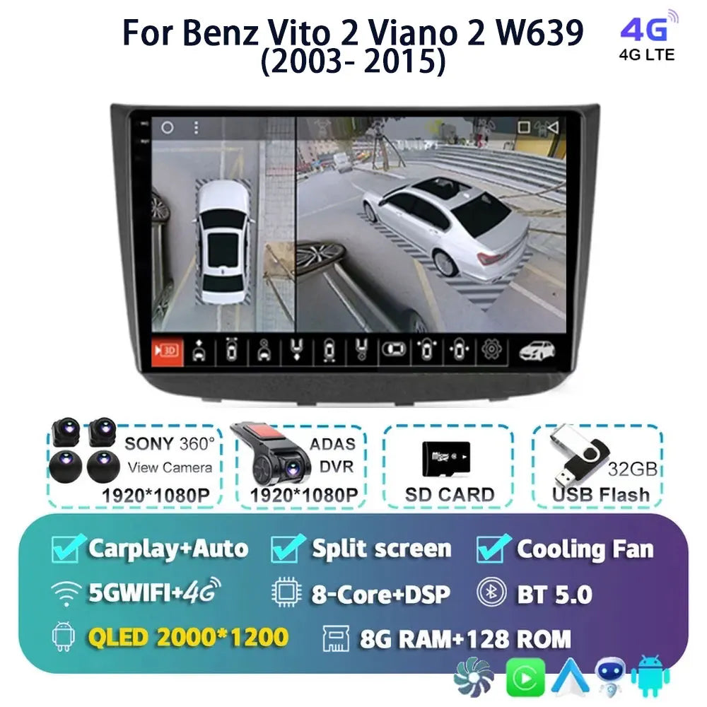 Android 14 For Benz Vito 2 Viano 2 W639 2003- 2015 2K QLED Android Car Radio Multimedia Video Player BT Stereo CarPlay Head Unit