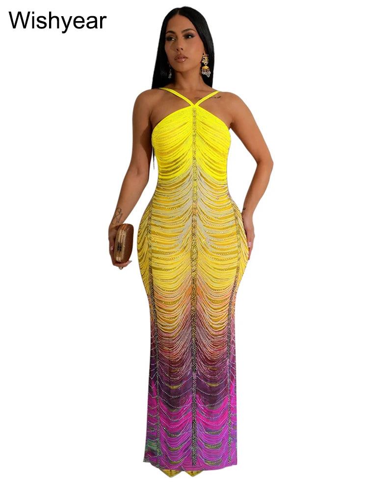 New Gradient Rhinestone Tie Dye Print Halter Mermaid Long Dresses Women Backless Sleeveless Slim Birthday Party Prom Vestidos