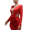 New Sexy Deep V Ruffle 3D Rose Floral White Mini Dresses Woman Long Sleeve Slim Bodycon Vestidos Elegant Birthday Prom Clubwear