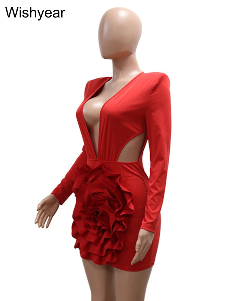 New Sexy Deep V Ruffle 3D Rose Floral White Mini Dresses Woman Long Sleeve Slim Bodycon Vestidos Elegant Birthday Prom Clubwear