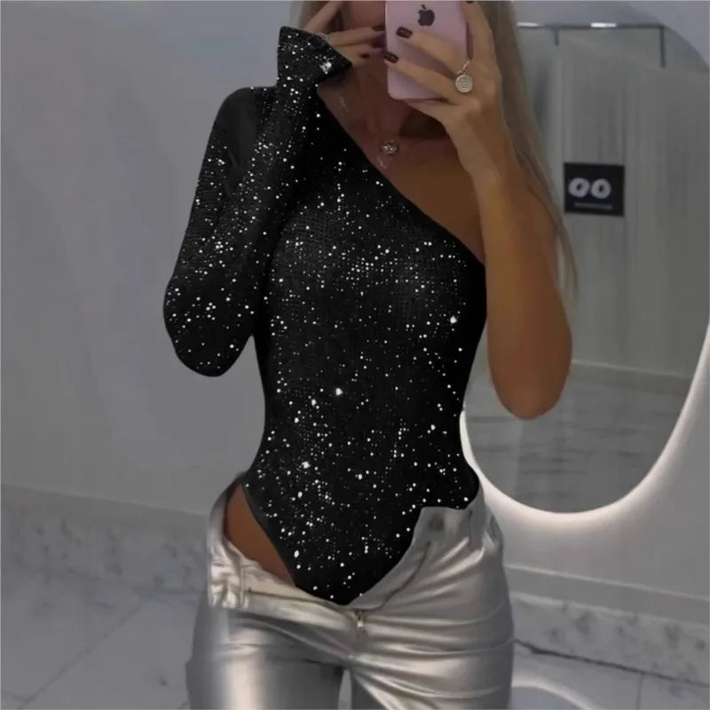 2025 Spice Girls Sexy Sequin Top One-Shoulder Tight Rhinrhinone Solid Color Silver One-Piece Fashion Party Nightclub Summer Top