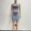Denim Dress Sets Mini Wrap Buttocks Dress Slim Sheath Solid Two Pieces Sashes Sexy Pullover Tops Washed High Street Spliced