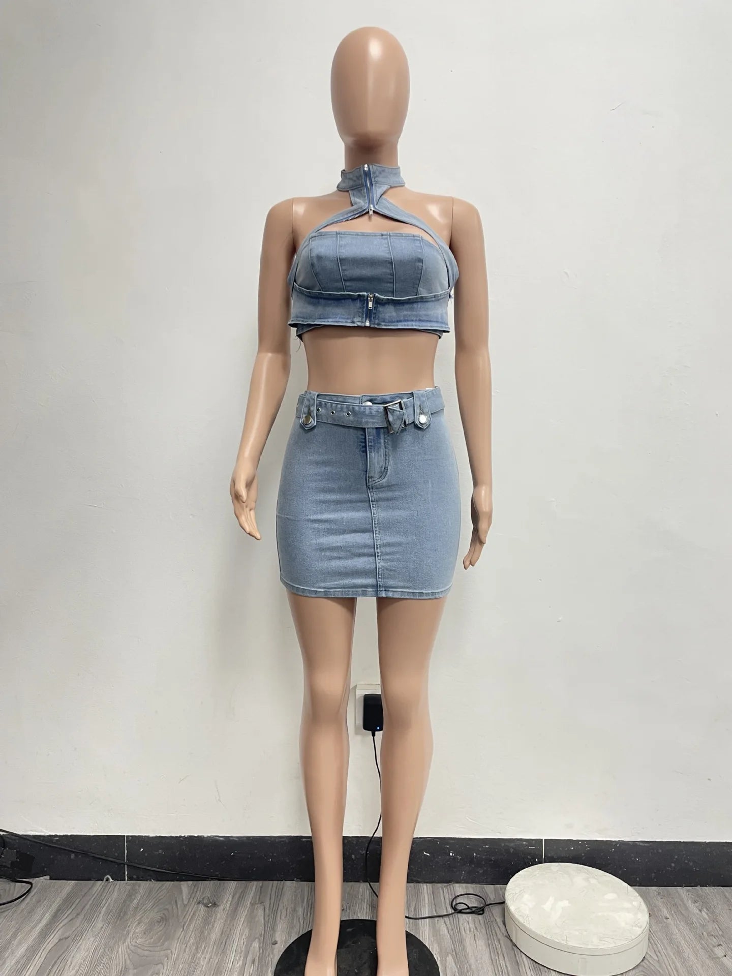 Denim Dress Sets Mini Wrap Buttocks Dress Slim Sheath Solid Two Pieces Sashes Sexy Pullover Tops Washed High Street Spliced