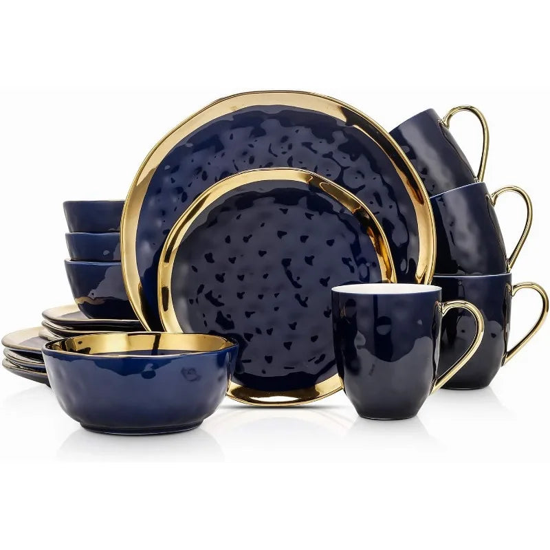 Florian Modern Porcelain 16 Piece Dinnerware Set, Plates and Bowls Set, Dish set for 4, Green and Golden Rim
