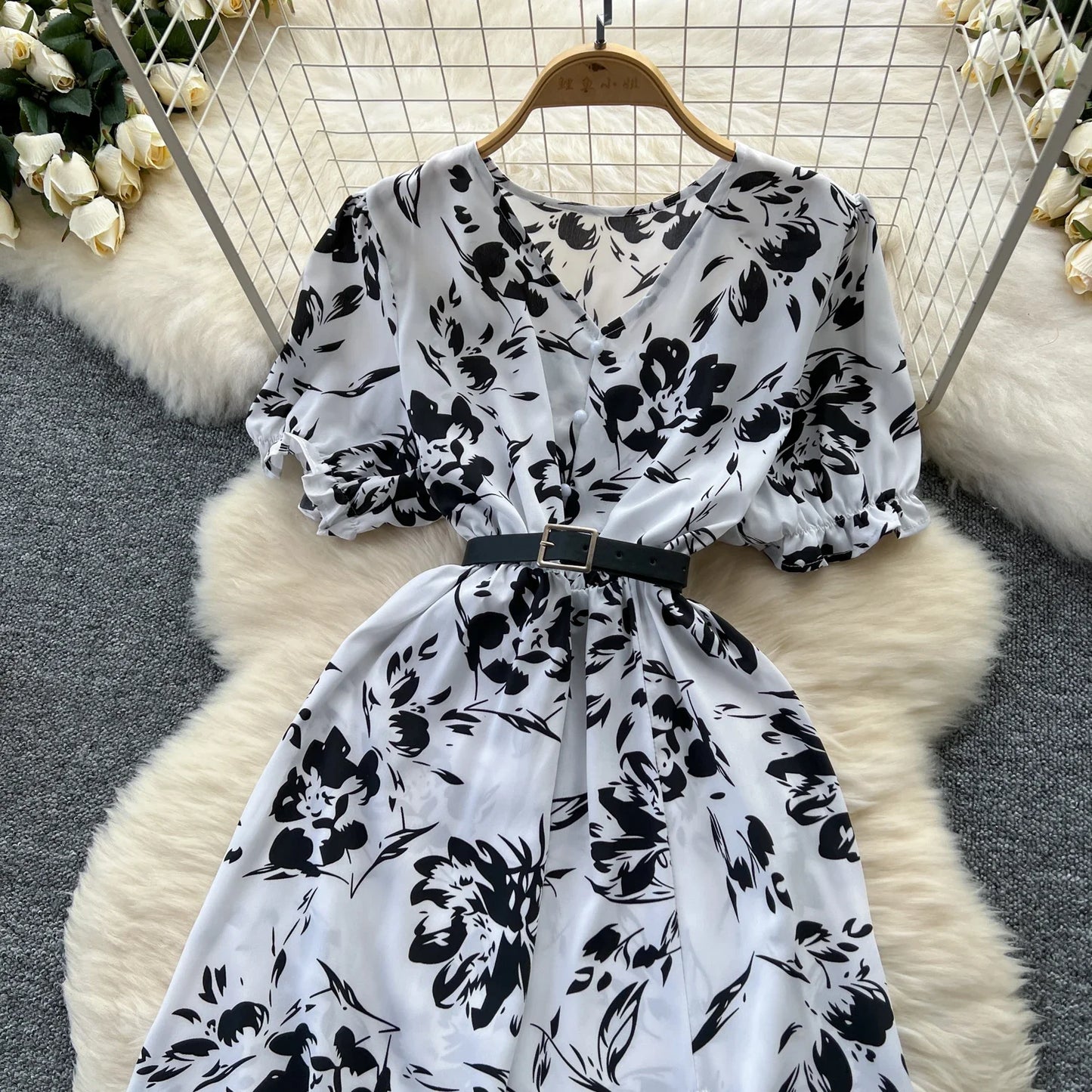 Summer Pleated Women Buttons Dresses Casual Beach Holiday Short Sleeve V Neck Woman Midi Dress Bohemian Mujer Vestidos