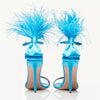Summer new feather flower silk ribbon sexy open-toe sandals thin high-heeled banquet dress fashionable large-size women's shoes