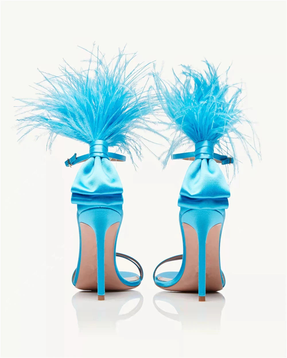 Summer new feather flower silk ribbon sexy open-toe sandals thin high-heeled banquet dress fashionable large-size women's shoes