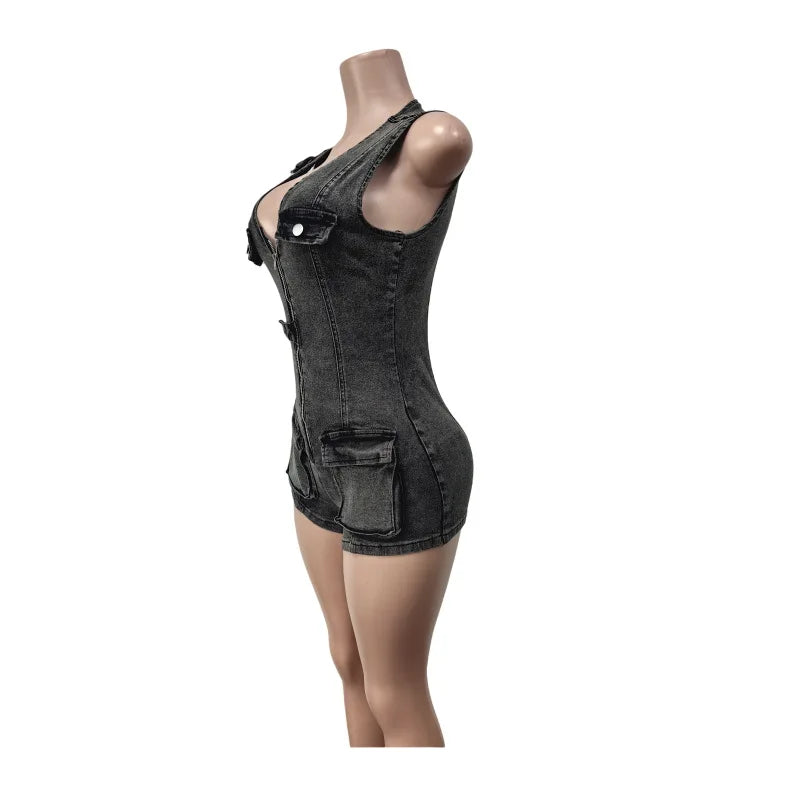 FAGADOER Spring Summer New Sexy Sleeveless Denim Rompers Women Button Zipper Cargo Pocket Patchwork Female Streetwear Overalls