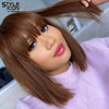 QVR 180 Density Full Machine Wig Highlight Brown Colored Bone Straight Human Hair Bob Wigs QVR Human Hair With Bangs For Women