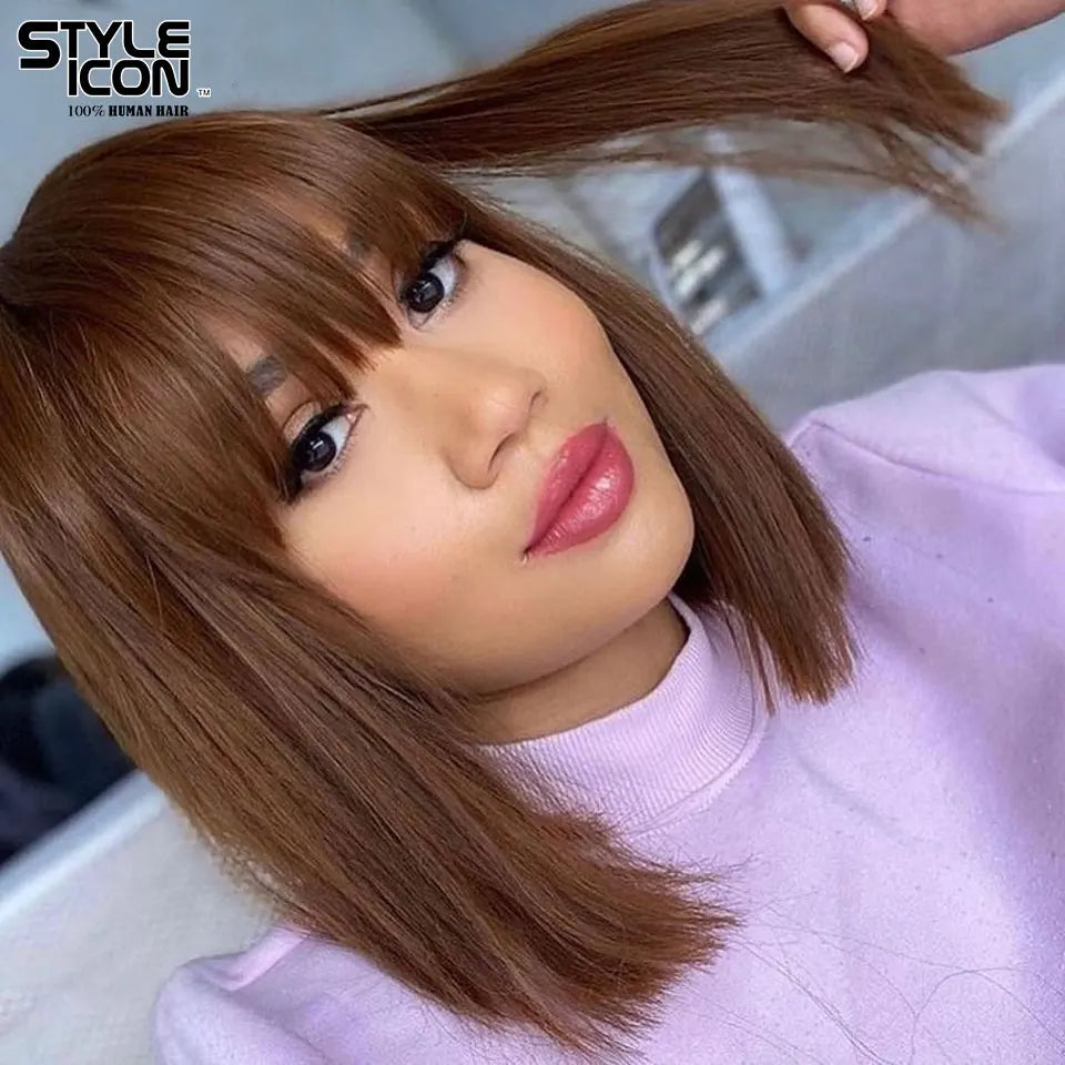 QVR 180 Density Full Machine Wig Highlight Brown Colored Bone Straight Human Hair Bob Wigs QVR Human Hair With Bangs For Women