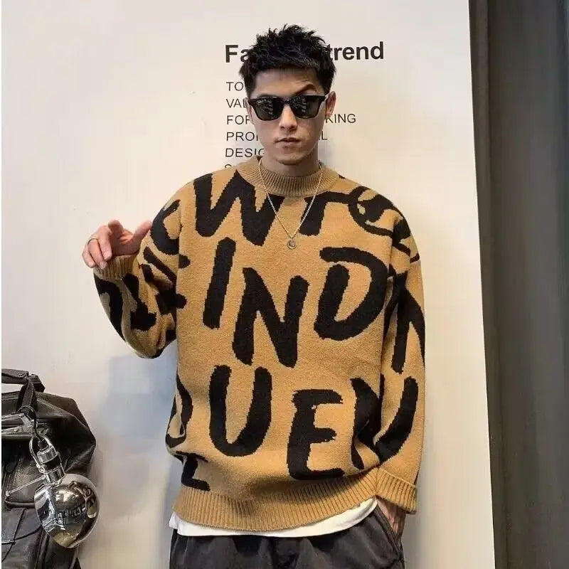 Pullover Man Letter Green Knitted Sweaters for Men Crewneck Loose Knitwear Round Collar Clothing Deals 2024 Fit Cheap Woven Top