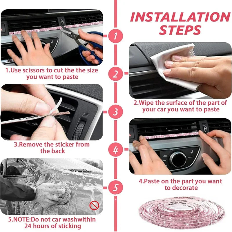 Pink Bling Car Trim Self-Adhesive 16.4Ft Rhinestone Car Interior Accessories for Women Car Crystal Door Stickers Car Dashboard s