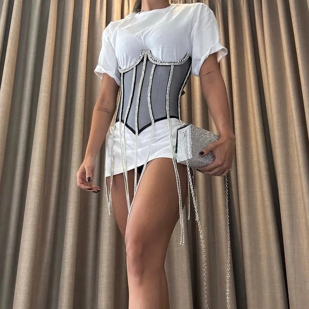 Women's Evening Corset Rhinestone Lace-up Corset Underbust Mesh Bustier Crop Top Bodices Sexy Lingerie Women Body Shaper