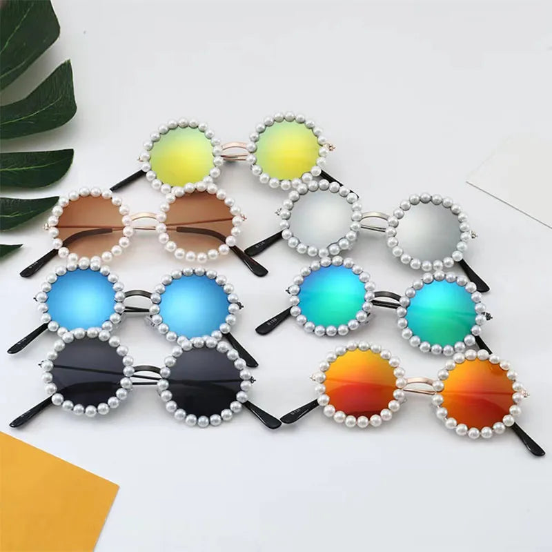 New Children's Circle Form Sunglasses Girl Decorative Pearl Frame Fashion Sun Glasses Cute Baby Outdoor Sunshade Eyewear UV400