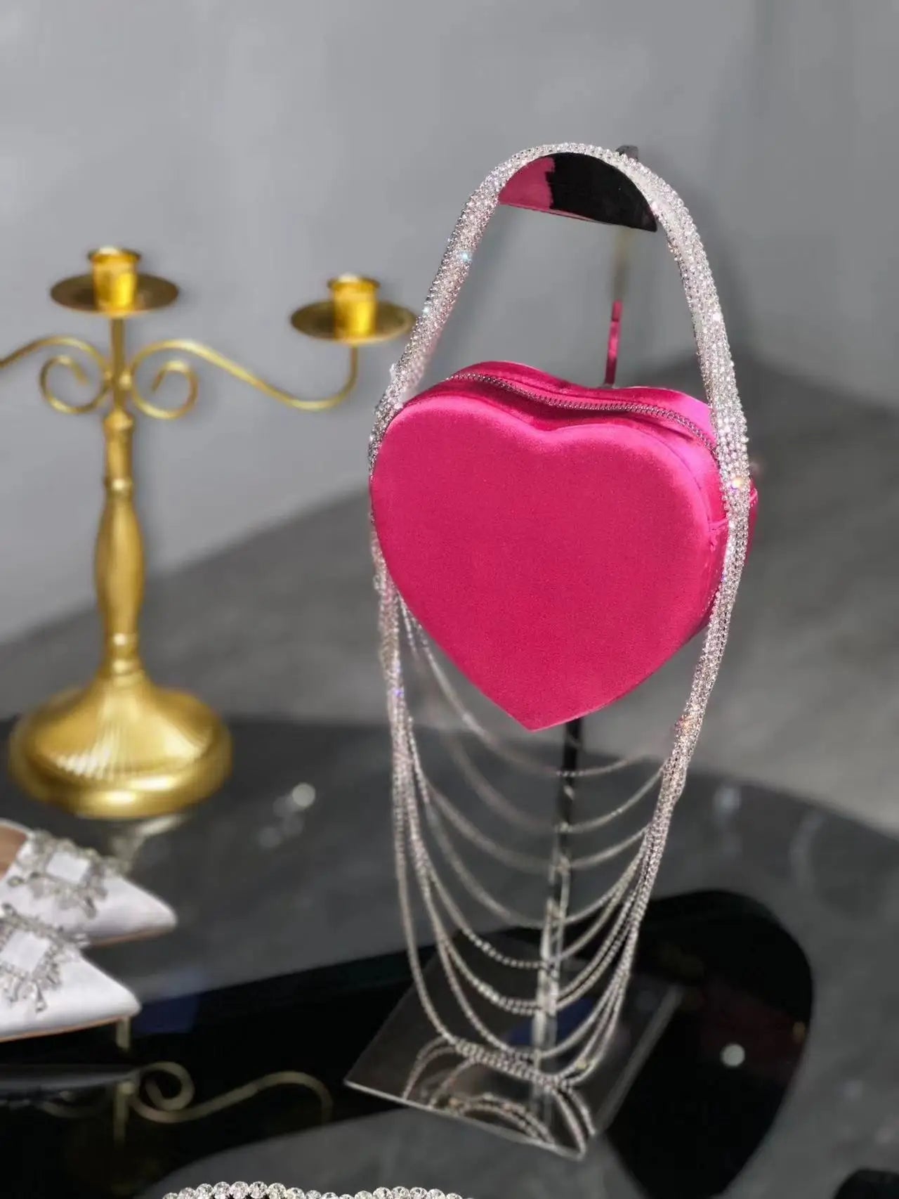 Bling Tassel Heart-shape Satin Bag Glitter Rhinestone Diamond Evening Bag Women Handbag Wedding Party Clutch Purse Crossbody Bag