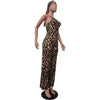 HLJ Sexy Leopard Print Bodycon Jumpsuits Women Thin Strap Sleeveless V Neck Wide Leg Pants Playsuit Female Overall With Scarf
